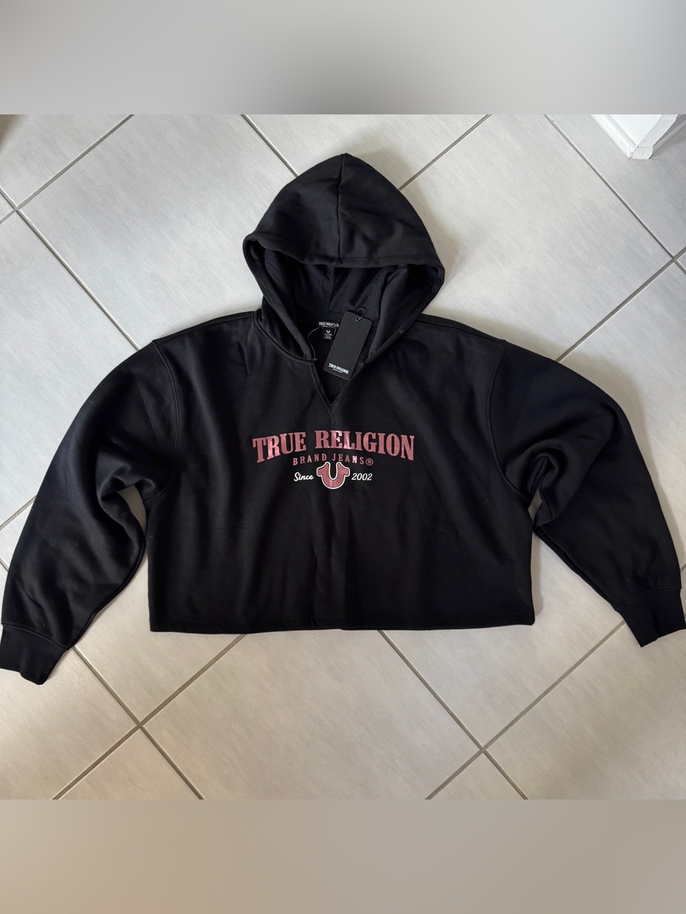 True Religion Cropped Hoodie 3XL Black Pink Logo Sweatshirt Women NWT